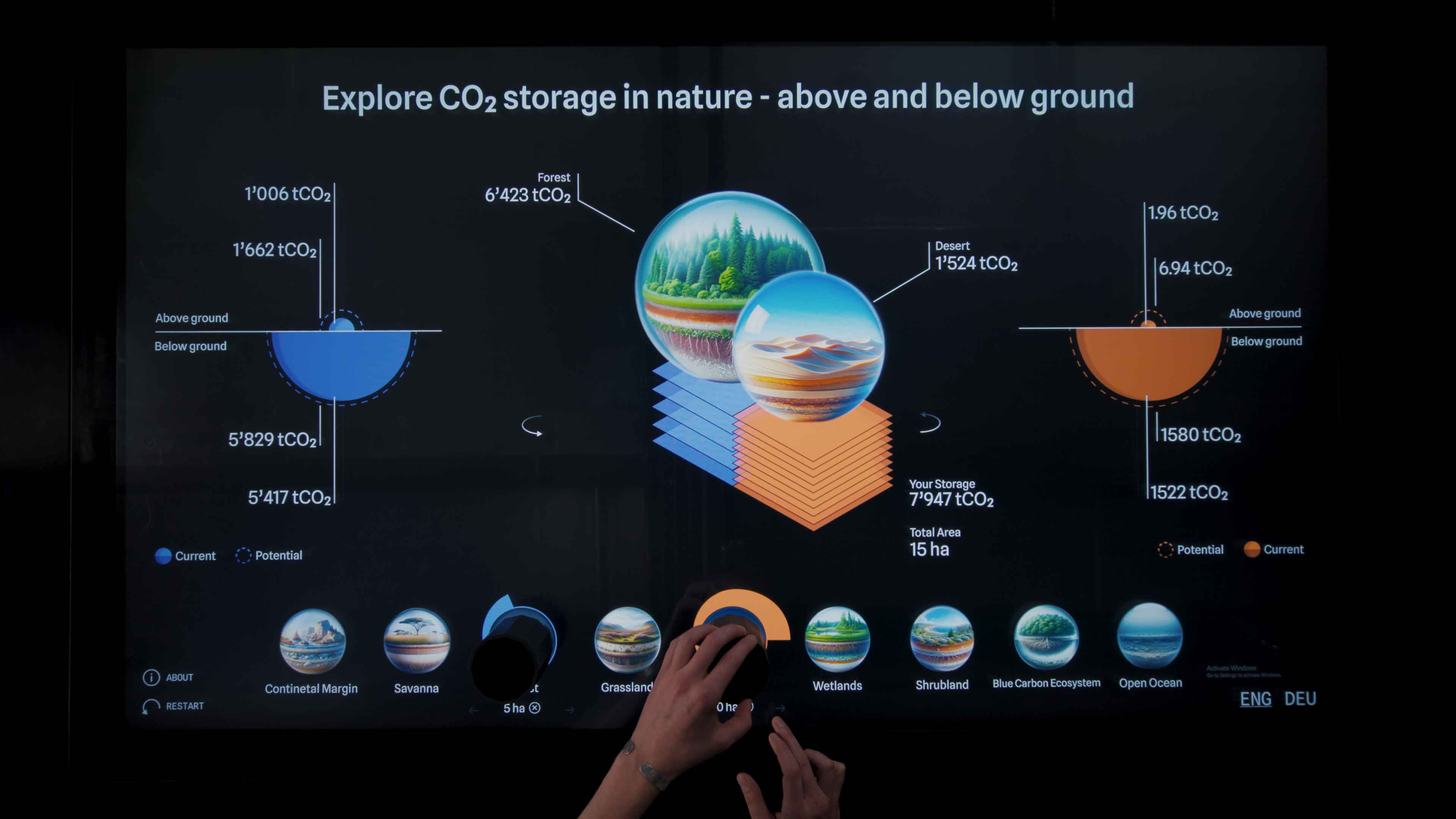 Interaktiver Touch-Tisch zur Visualisierung der CO₂-Speicherkapazitäten verschiedener Lebensräume, entwickelt von Cyril Keller